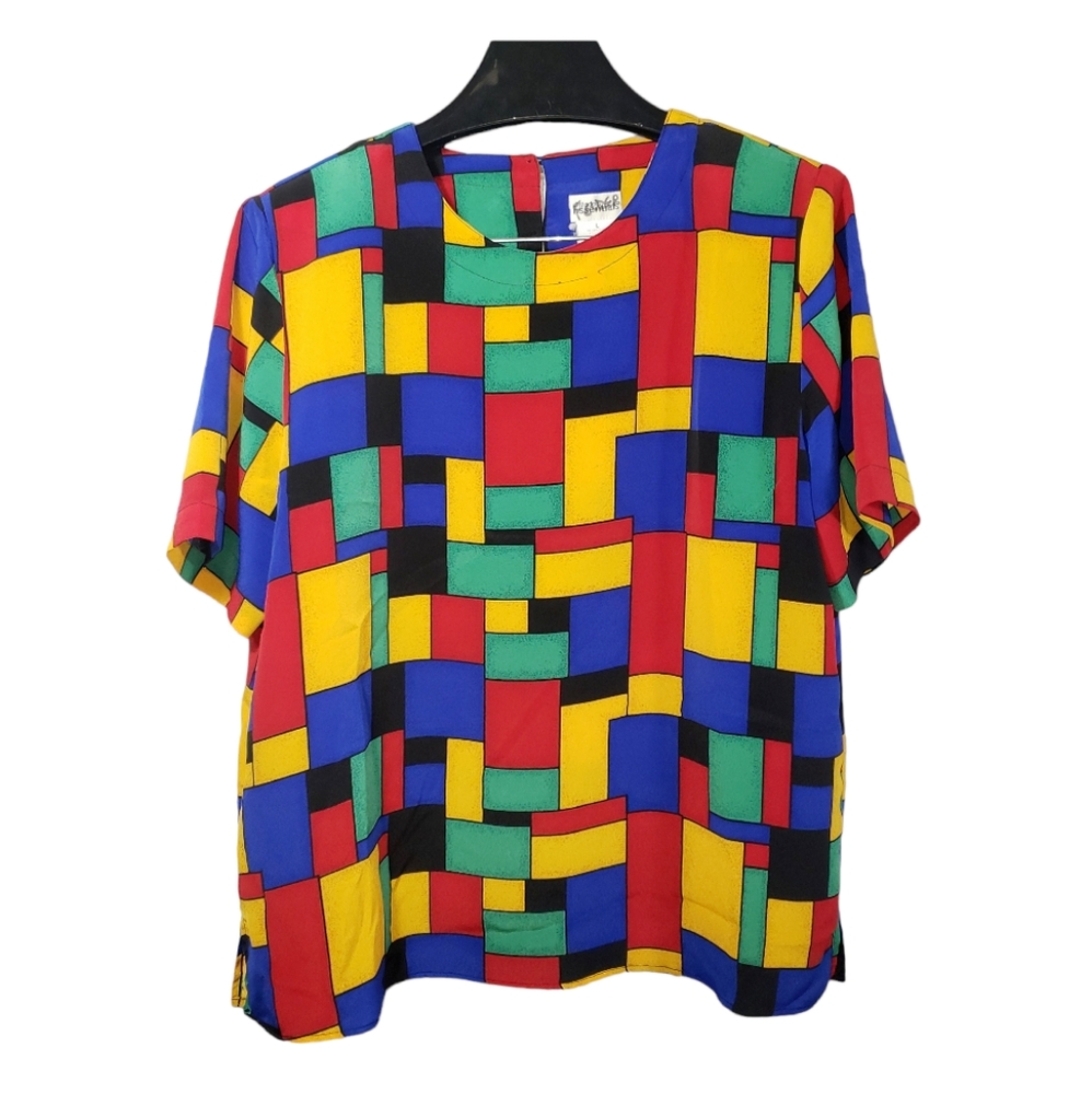 VTG 90s Modern Essentials Blouse Top Sz L Rainbow Mosaic Square Wearable-Art